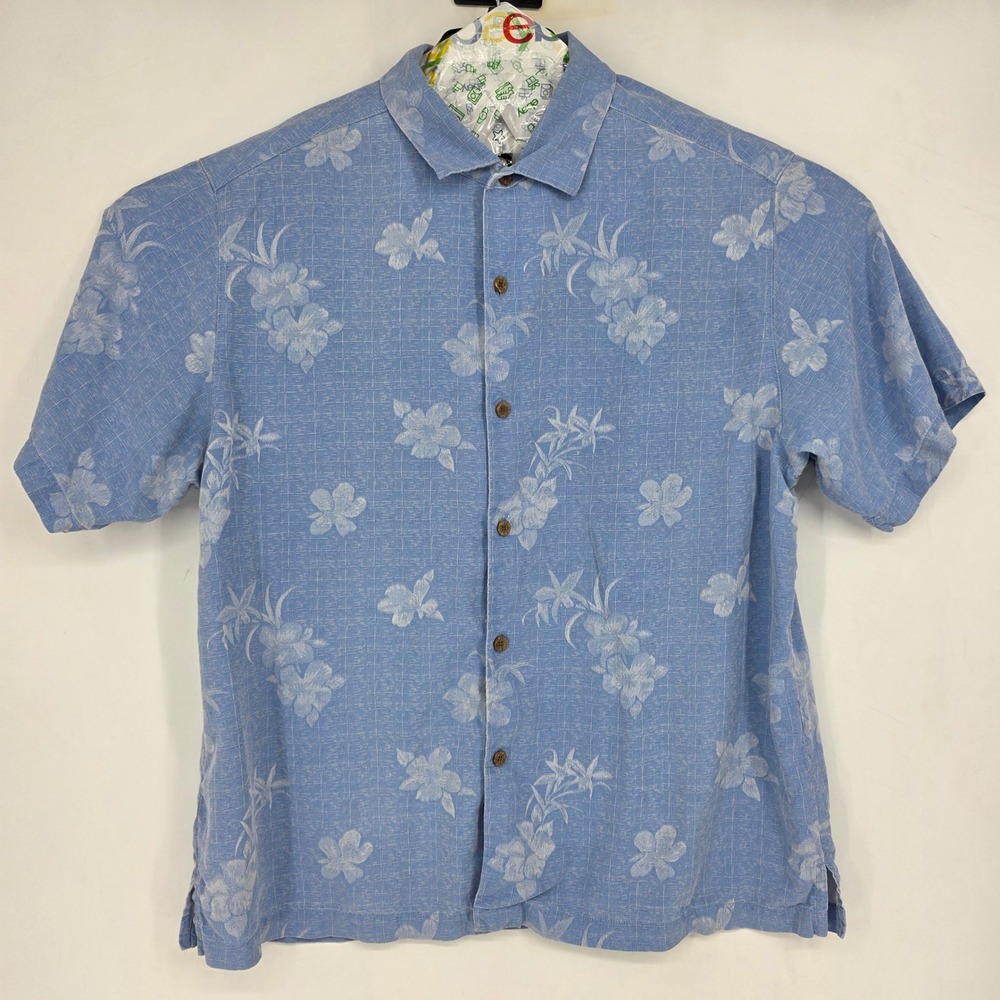 Tommy Bahama Shirt Mens Extra Large Silk Hawaiian Button Up Camp Jacquard Blue